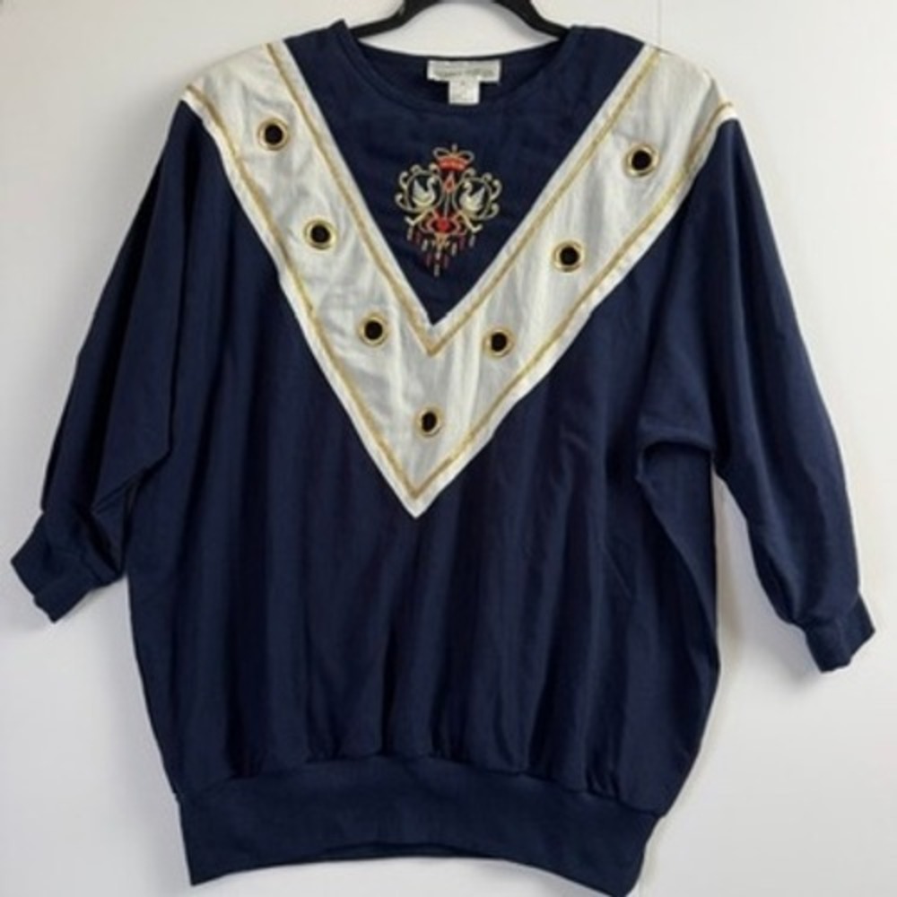 Vintage Donna Toran Navy Blue Embroidered Swan Grommet Pullover Top XL